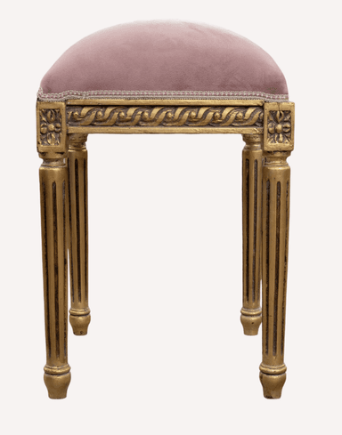 A small, round-seated, four-legged stool with a gilded wooden frame and dusty rose velvet upholstery. The frame features intricate scrollwork carvings, and the tapered legs are fluted. — 3D model