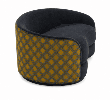 A contemporary curved loveseat upholstered in dark grey fabric, featuring striking mustard yellow side panels with a geometric dark grey pattern. — 3D model