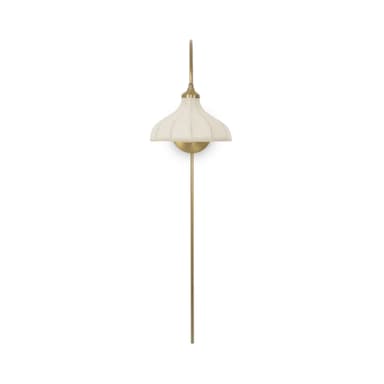 A modern wall sconce featuring a brass finish, an arched arm, a circular backplate, and a textured, ribbed fabric shade. A long, slender rod extends downwards from the backplate, which might be decorative or conceal wiring. — 3D model