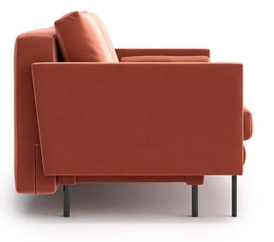 A modern three-seater sofa with a rectangular frame. The sofa features a plush upholstered body in a coral or terracotta color. It has a straight, horizontal backrest divided into two sections by a vertical seam and a horizontal seat cushion. The armrests are low and integrated into the frame, with one cylindrical bolster pillow placed on each side. The sofa is supported by thin, dark-colored legs. — 3D model