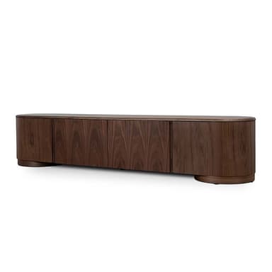 A long, low wooden cabinet featuring four door panels and distinctively rounded ends, crafted from a dark, richly grained wood. The piece sits on a recessed base, maintaining a clean, grounded silhouette. — 3D model