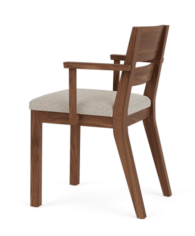 A modern armchair constructed from dark brown wood, featuring a light grey upholstered seat. The chair has a minimalist design with straight front legs and gently curved back legs. The backrest is composed of a solid top rail and a lower horizontal slat, complementing the straight armrests. — 3D model