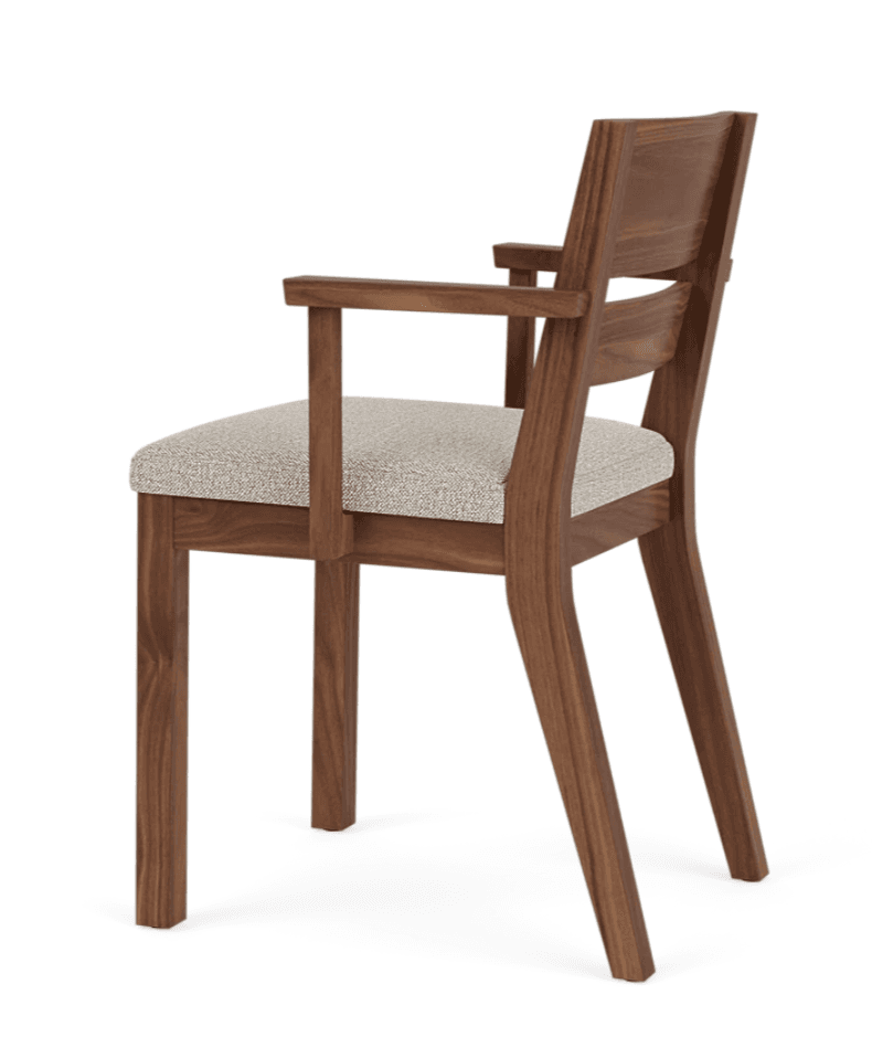 A modern armchair constructed from dark brown wood, featuring a light grey upholstered seat. The chair has a minimalist design with straight front legs and gently curved back legs. The backrest is composed of a solid top rail and a lower horizontal slat, complementing the straight armrests. — 3D model
