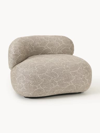 A modern, rounded armchair with a distinctive swirling pattern upholstery. It features a low profile and appears to be upholstered in a textured fabric. The base has short, dark-colored legs. — 3D model
