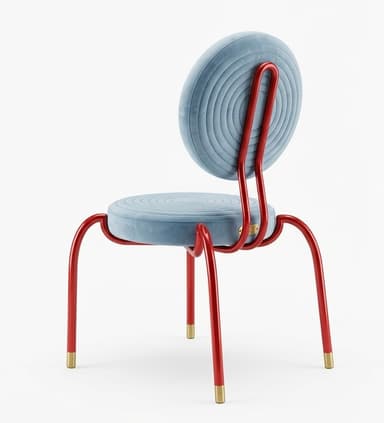 A contemporary chair featuring a circular, cushioned seat and backrest with concentric stitched detailing. The frame is constructed from tubular metal, bent into stylized legs and a supportive structure for the backrest. The legs have brass-colored caps at their base. The overall design is playful and modern. — 3D model