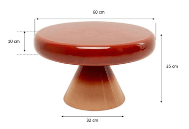 A low, round table with a distinctive mushroom-like silhouette, featuring an ombre lacquered finish. The color transitions from a deep reddish-brown on the domed tabletop to a lighter tan or beige at the wider base of the conical pedestal. The surface appears high-gloss and reflective. Dimensions indicate a diameter of 60 cm for the top and a total height of 35 cm. — 3D model