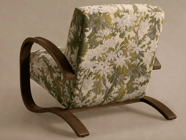 A vintage armchair featuring a high-backed design with curved wooden armrests and a patterned upholstery. The base consists of curved wooden legs that extend from the armrest structure, creating a cantilevered effect. The upholstery is a tapestry-style fabric with a floral motif in shades of green, beige, and white. — 3D model