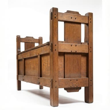 A robust, rectangular wooden bench constructed from solid oak, featuring a lift-top seat that reveals internal storage. The design exhibits classic Arts and Crafts characteristics with exposed joinery, straight lines, and a sturdy, plank-like construction. It has a high backrest and closed armrests with a slight overhang, adding to its architectural presence. The wood displays a warm, medium brown finish with a visible grain. — 3D model