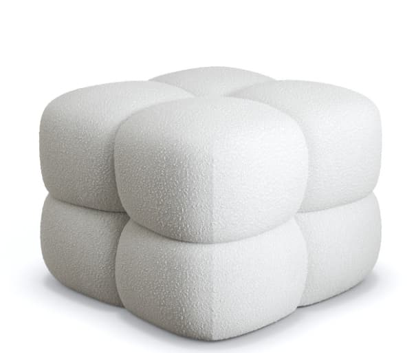 A soft, modular ottoman upholstered in textured boucle fabric, forming a cubic shape from several rounded, plush components. — 3D model