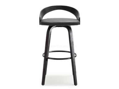 A modern black wooden bar stool with a padded swivel seat, curved low backrest, and metal footrest ring. — 3D model