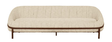 A modern outdoor sofa with a distinctive curved silhouette, upholstered in light-colored, channel-tufted fabric, featuring a dark contrasting linear frame and throw pillows. — 3D model