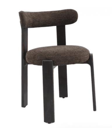 An armless chair featuring a dark brown or black frame with a rounded, upholstered seat and a separate, curved upholstered backrest. The frame's design includes thick, rectangular front legs and more slender, angled rear legs, providing a distinct modern aesthetic. The upholstery is a dark, textured fabric. — 3D model