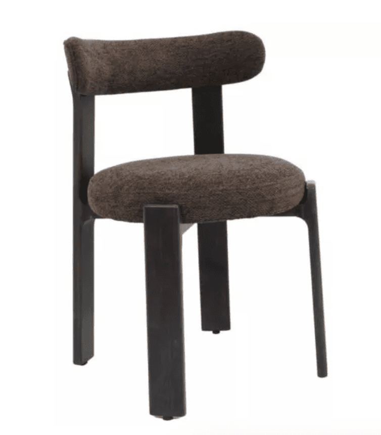 An armless chair featuring a dark brown or black frame with a rounded, upholstered seat and a separate, curved upholstered backrest. The frame's design includes thick, rectangular front legs and more slender, angled rear legs, providing a distinct modern aesthetic. The upholstery is a dark, textured fabric. — 3D model