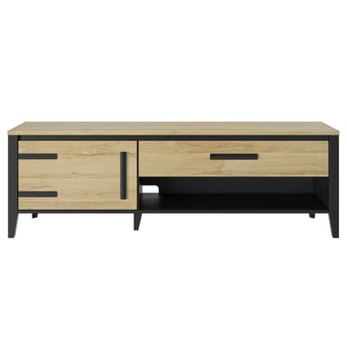 A low-profile rectangular TV stand featuring a combination of open and closed storage. The left side has a cabinet door with decorative black strap hinges and a vertical black handle. The right side has a drawer with a horizontal black handle and an open shelf beneath it. The unit is supported by four tapered black legs. The top surface, cabinet door, and drawer front are finished in a light wood grain pattern, contrasting with the black frame and sides. — 3D model