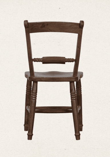 A traditional dark brown wooden chair featuring a simple, sturdy design. It has turned front legs and a straight, slightly curved backrest with a single decorative spindle element. The seat is solid and shaped for comfort. — 3D model