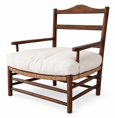 A wooden armchair featuring a ladder back design and sturdy armrests. The seat is constructed with a woven rush base, topped with a thick, removable off-white fabric cushion. The wood has a rich, dark brown finish, highlighting its rustic aesthetic. — 3D model