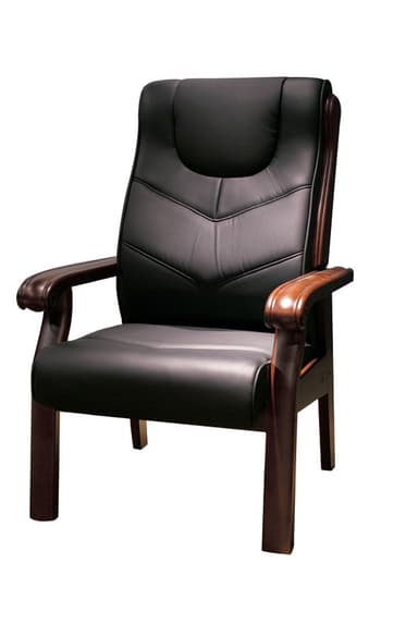A traditional executive guest armchair featuring a dark wood frame and black faux leather upholstery. The chair has a tall backrest with a slight recline, padded seat, and curved wooden armrests. The upholstery on the back and seat exhibits a segmented, lightly perforated design. — 3D model
