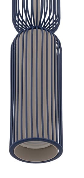 A tall, slender floor lamp with a cage-like design. The lamp has a central cylindrical column, encased by a series of vertical, dark blue metal rods. These rods are arranged in a way that creates a series of bulbous or rounded sections at the top, middle, and bottom, with a narrower section in between. The interior of the cage appears to be a lighter, possibly metallic or white material, which would house the light source. — 3D model