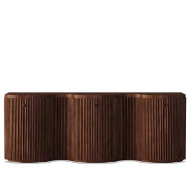 A long, low wooden storage unit featuring a distinctive wavy front composed of vertical reeded panels. The dark wood finish enhances its modern and sculptural aesthetic. — 3D model