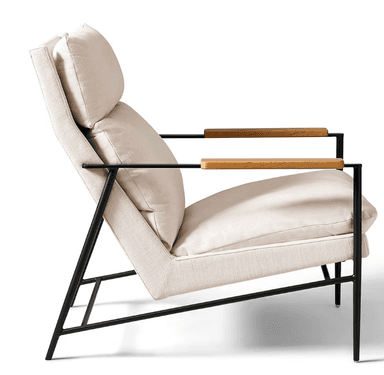 A modern armchair with a high back, featuring a black metal frame and light-colored fabric upholstery. The armrests are accentuated with natural wood panels. The chair has a sleek, minimalist design. — 3D model
