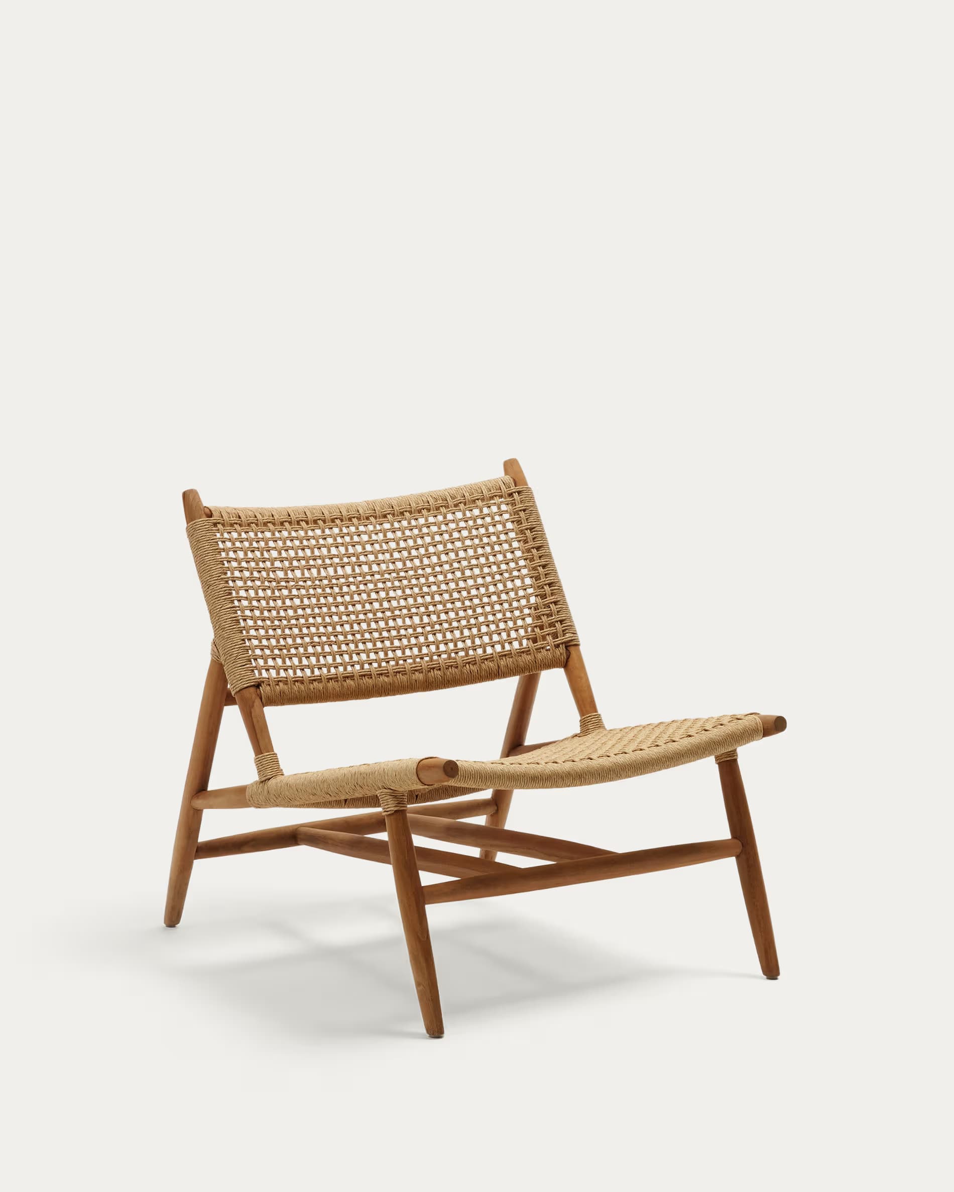 A lounge chair with a wooden frame and woven cord seating and backrest. The frame appears to be constructed from solid wood with a natural finish. The seat and back are made of tightly woven natural-colored cord, creating a textured surface. The chair has a low profile and angled legs, characteristic of a lounge chair design. — 3D model