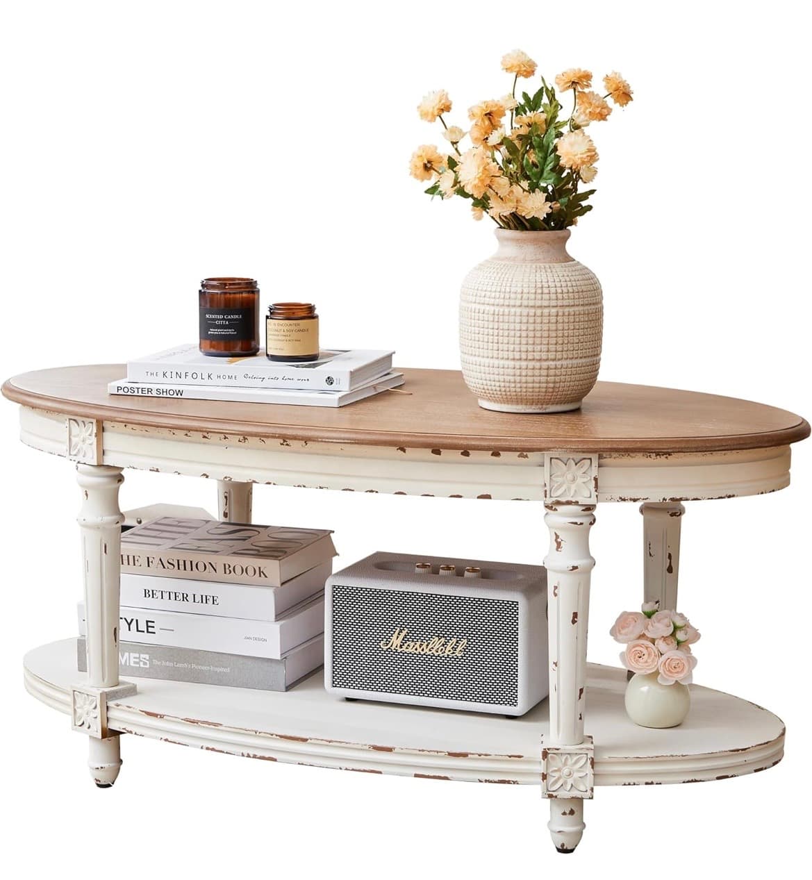An oval two-tier coffee table featuring a distressed white painted base and a natural light wood top. The table has turned legs with carved block details and an oval lower shelf. The overall aesthetic is shabby chic or French country, with intentional signs of wear on the painted surfaces. — 3D model