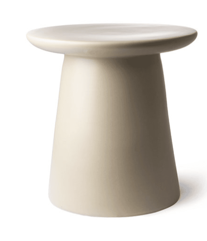 A small, minimalist side table featuring a perfectly round, flat top and a single, tapering pedestal base. The table has a smooth, matte finish in a light beige or off-white color, suggesting a ceramic or concrete material. Its monolithic form emphasizes clean lines and modern design. — 3D model