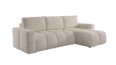 A large, L-shaped sectional sofa upholstered in a light, textured fabric, featuring a contemporary, modular design with rounded, plush segments for the seat, back, and armrests, and a prominent chaise lounge extension. — 3D model