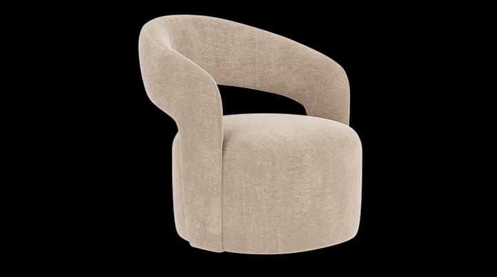 A contemporary armchair with a curved backrest and integrated armrests. The base is cylindrical and appears to be upholstered. The overall form is rounded and inviting, with a plush texture. — 3D model