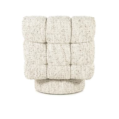 A cream-colored armchair with a plush, channel-tufted design. The chair features a low back and a wide, inviting seat. It is upholstered in a textured fabric with flecks of brown and grey. The base is a circular, swivel pedestal, also upholstered in the same fabric, providing stability and rotation. — 3D model