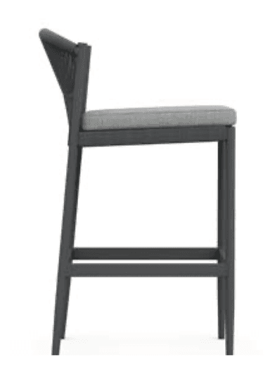 A modern outdoor bar stool featuring a dark gray aluminum frame, a backrest with vertical woven rope detailing, and a light gray upholstered seat cushion with an integrated footrest. — 3D model