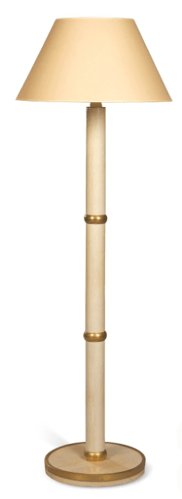A classic style floor lamp featuring a cream-colored conical shade, a cylindrical wooden stem with golden brass accent rings, and a matching circular wooden base with a brass rim. The lamp exhibits a clean, elegant aesthetic. — 3D model