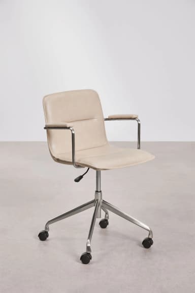 A modern office chair with a light beige upholstered seat and backrest, supported by a polished metal five-star base with casters. The chair features armrests with a similar metal frame and upholstered pads. A lever for height adjustment is visible beneath the seat. — 3D model