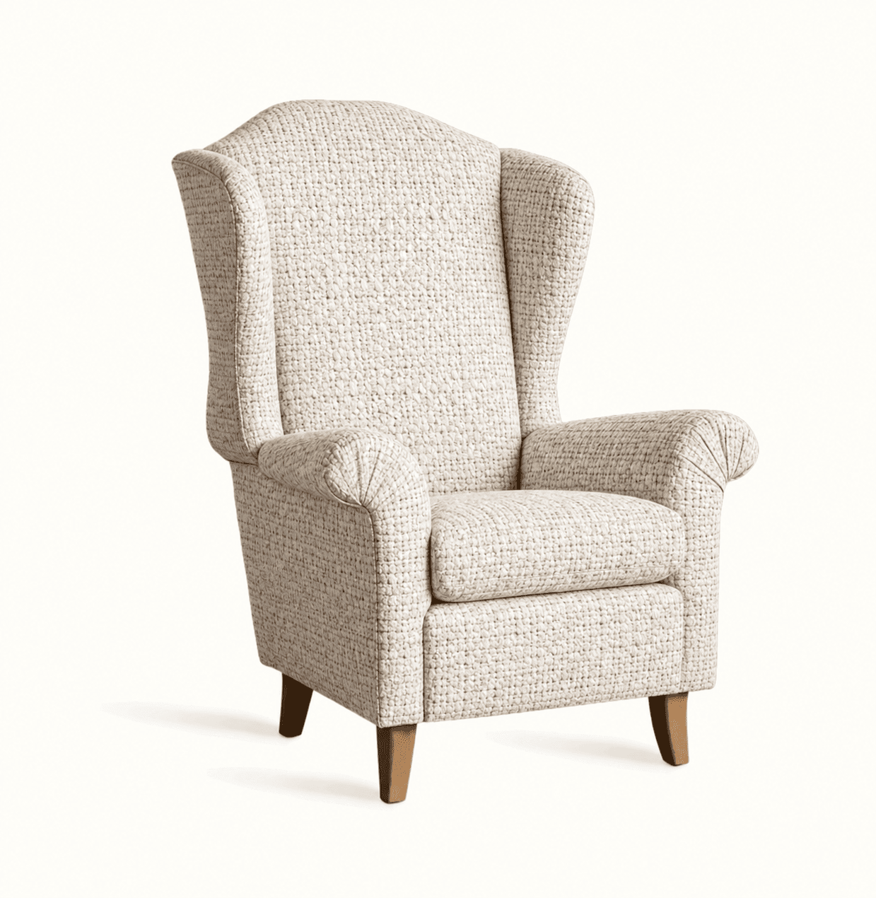 A traditional wingback armchair upholstered in a textured cream and beige fabric, featuring a high back with distinctive 'wings' that flank the headrest, rolled arms, and a removable seat cushion. It stands on four short, tapered wooden legs. — 3D model