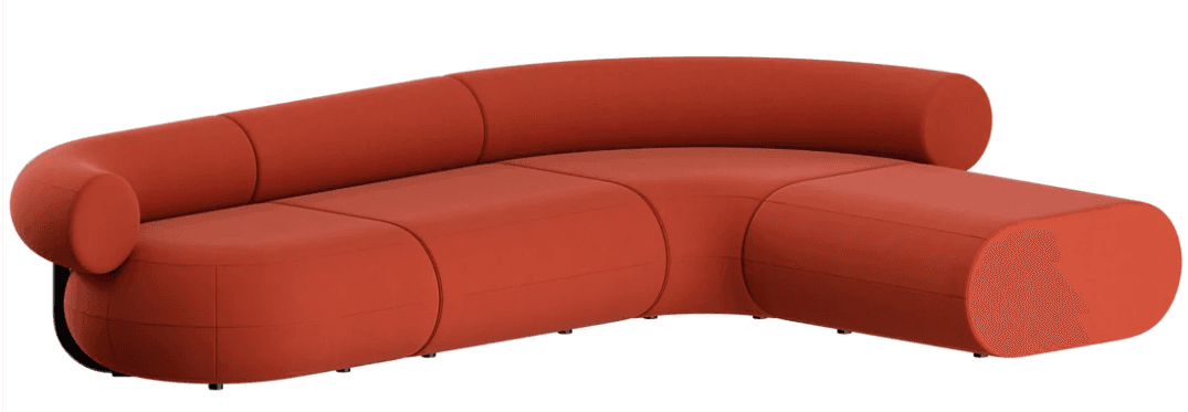 A contemporary modular sectional sofa featuring a curvilinear design and upholstered in a smooth, reddish-orange fabric. It comprises multiple rounded sections, including a continuous curved backrest and an integrated chaise lounge element. The sofa is supported by subtle, recessed black feet, maintaining a low and sleek profile. — 3D model