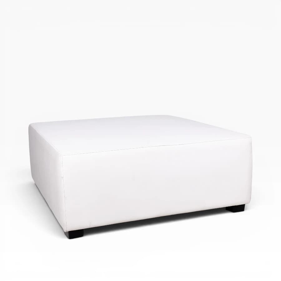 A square, low-profile ottoman upholstered in white faux leather, featuring a minimalist design and small, recessed dark feet. — 3D model