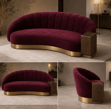 A curved sofa with channel tufting on the backrest and seat. It features a distinctive wooden armrest on one side and a polished brass base. — 3D model