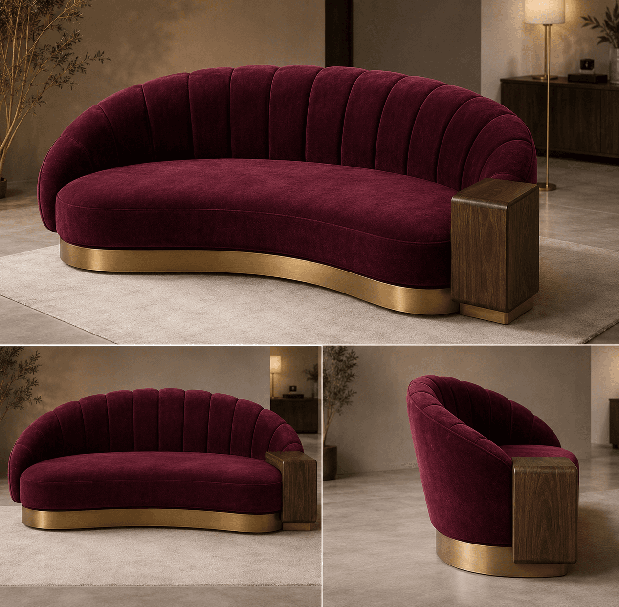 A curved sofa with channel tufting on the backrest and seat. It features a distinctive wooden armrest on one side and a polished brass base. — 3D model