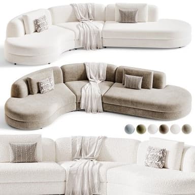 A contemporary modular sectional sofa upholstered in a light-colored, textured bouclé fabric. The sofa features a distinctive curved design composed of multiple interlinking pieces, including sections with low, rounded backrests and extended chaise-like elements. It comes with accent pillows and a throw blanket, enhancing its inviting and comfortable aesthetic. The design emphasizes organic shapes and a sophisticated, modern appeal, resting on a recessed base. — 3D model