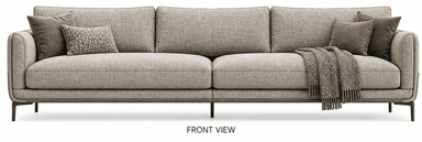 A contemporary three-seater sofa, viewed from the back. It features a neutral-toned fabric upholstery with distinct vertical panel stitching on the lower backrest and a contrasting central panel. The sofa has three individual back cushions and rests on sleek, dark-finished metal legs, indicating a modern aesthetic. — 3D model