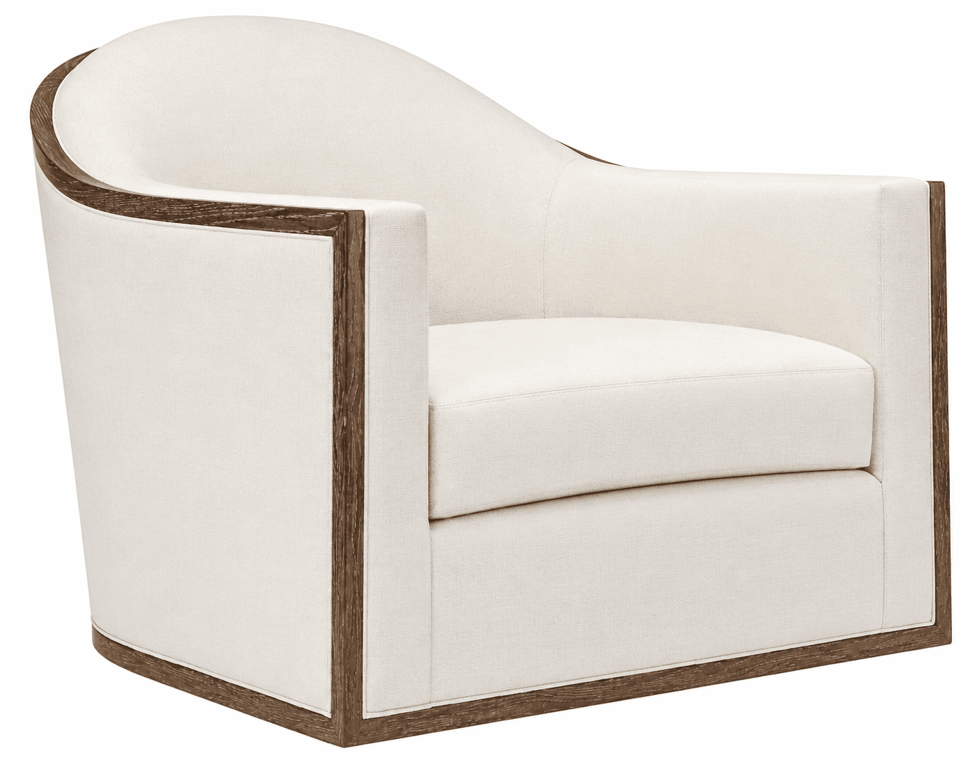 A contemporary upholstered barrel accent chair featuring a light-colored fabric and a prominent dark wood exposed frame that outlines its form. — 3D model