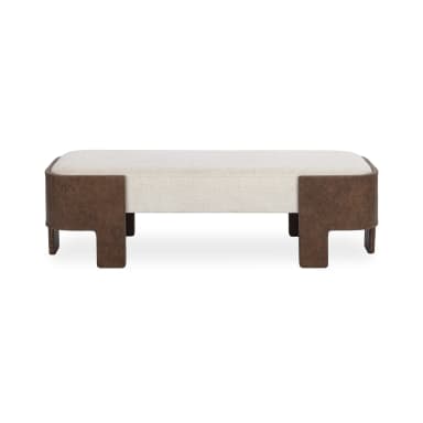 A close-up view of a modern upholstered bench, featuring a rectangular, cushioned top covered in a light, textured cream fabric. The base and integrated legs are constructed from a rich, distressed brown leather or faux leather material, designed with a distinct L-shaped structure at the corners that provides sturdy support and a contemporary aesthetic. — 3D model