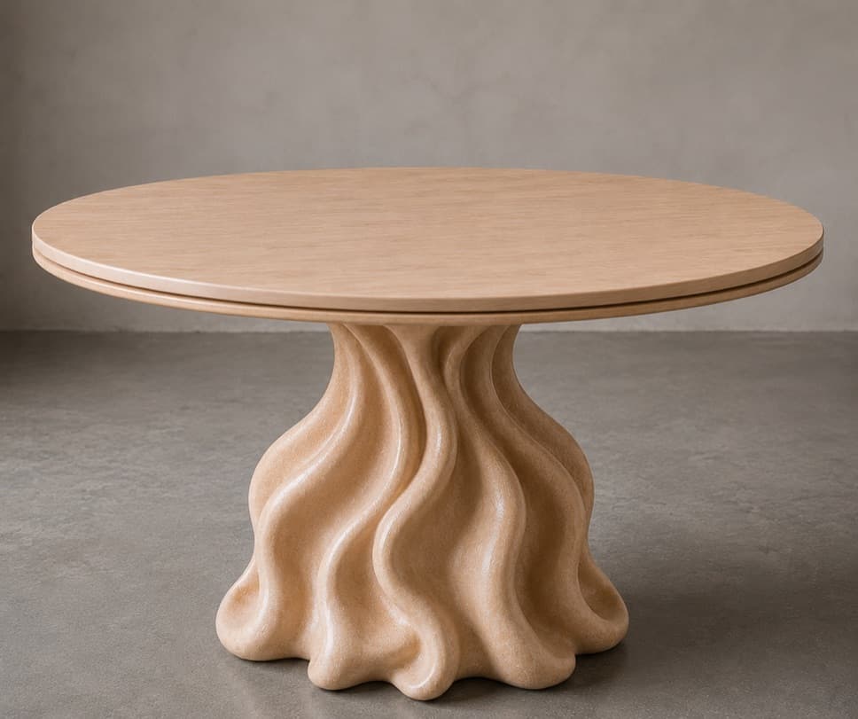 A round dining table with a unique, sculptural pedestal base. The tabletop is flat and circular with a subtle raised edge. The base features organic, flowing vertical pleats that converge at the bottom, resembling draped fabric or liquid. The surface texture appears to be consistent across both the top and the base. — 3D model