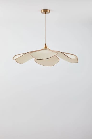 A pendant light fixture with a lampshade resembling a flower with multiple layered petals. The petals are made of a light-colored fabric or material with a darker trim. A single round bulb is visible at the center. The fixture is suspended by a thin cord and has metallic accents near the top. — 3D model