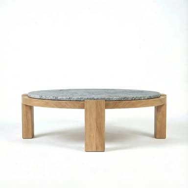A modern round coffee table featuring a solid oak wood base and a thick, circular grey marble top. The wooden base consists of a circular frame supported by sturdy, rectangular legs. The marble top is recessed into the wooden frame, creating a flush or slightly raised surface. The overall design is minimalist and contemporary. — 3D model