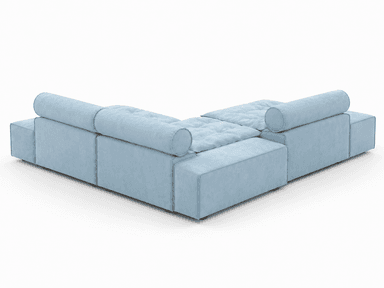A light blue sectional sofa with a modern aesthetic, featuring deep, plush, tufted seat cushions and cylindrical bolster-style backrests. The sofa is composed of at least two modular sections forming a corner configuration, upholstered in a soft fabric, likely velvet or chenille. — 3D model