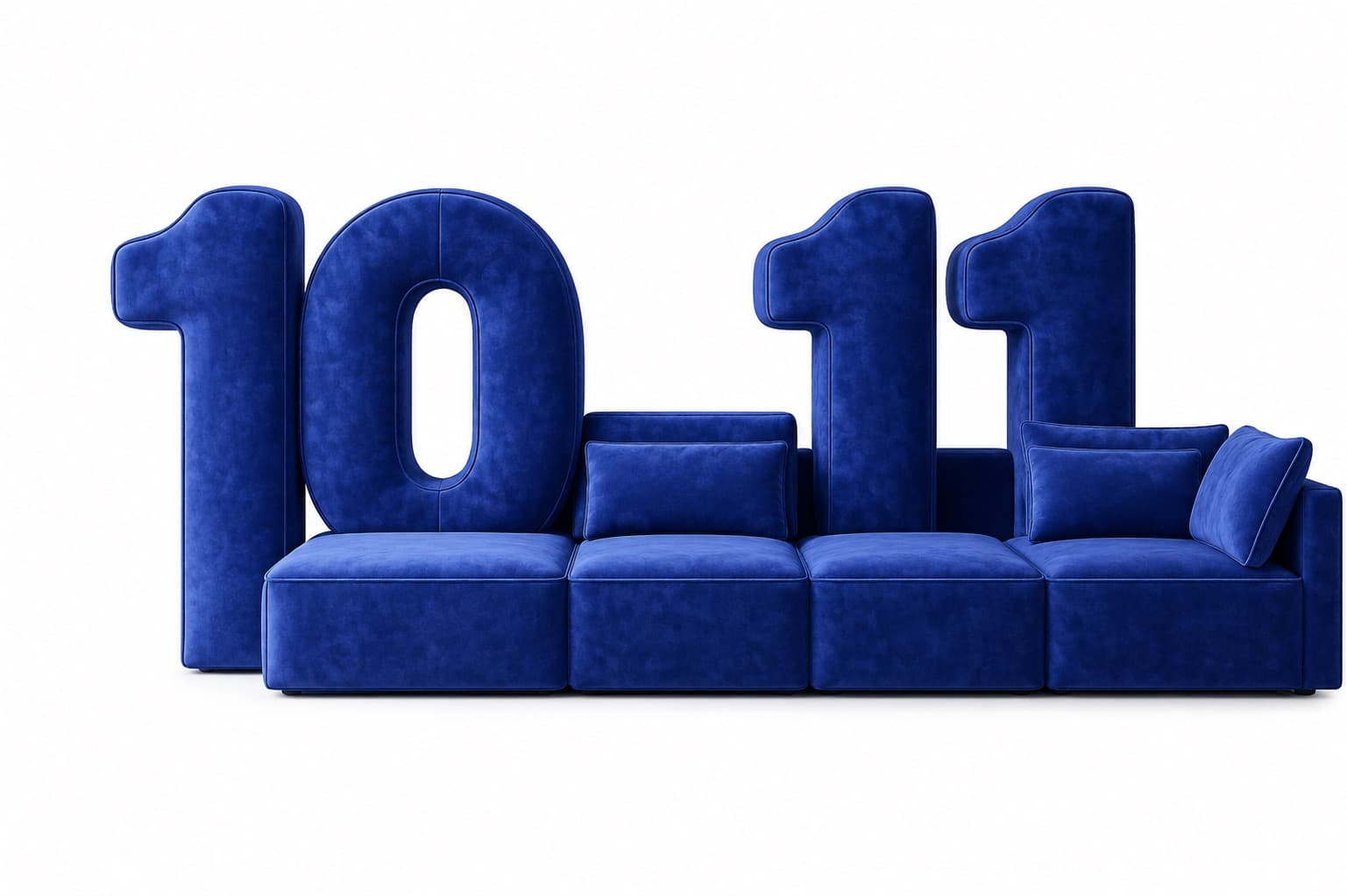 A digitally rendered modular sectional sofa in a vibrant blue upholstered fabric, configured into a long seating arrangement. The design incorporates large, similarly upholstered numbers '10' and '11' as backrests or decorative elements behind the sofa units. The individual sofa modules feature clean, blocky lines and include additional throw cushions for comfort. The overall aesthetic is contemporary and playful, suggesting a promotional or conceptual design. — 3D model