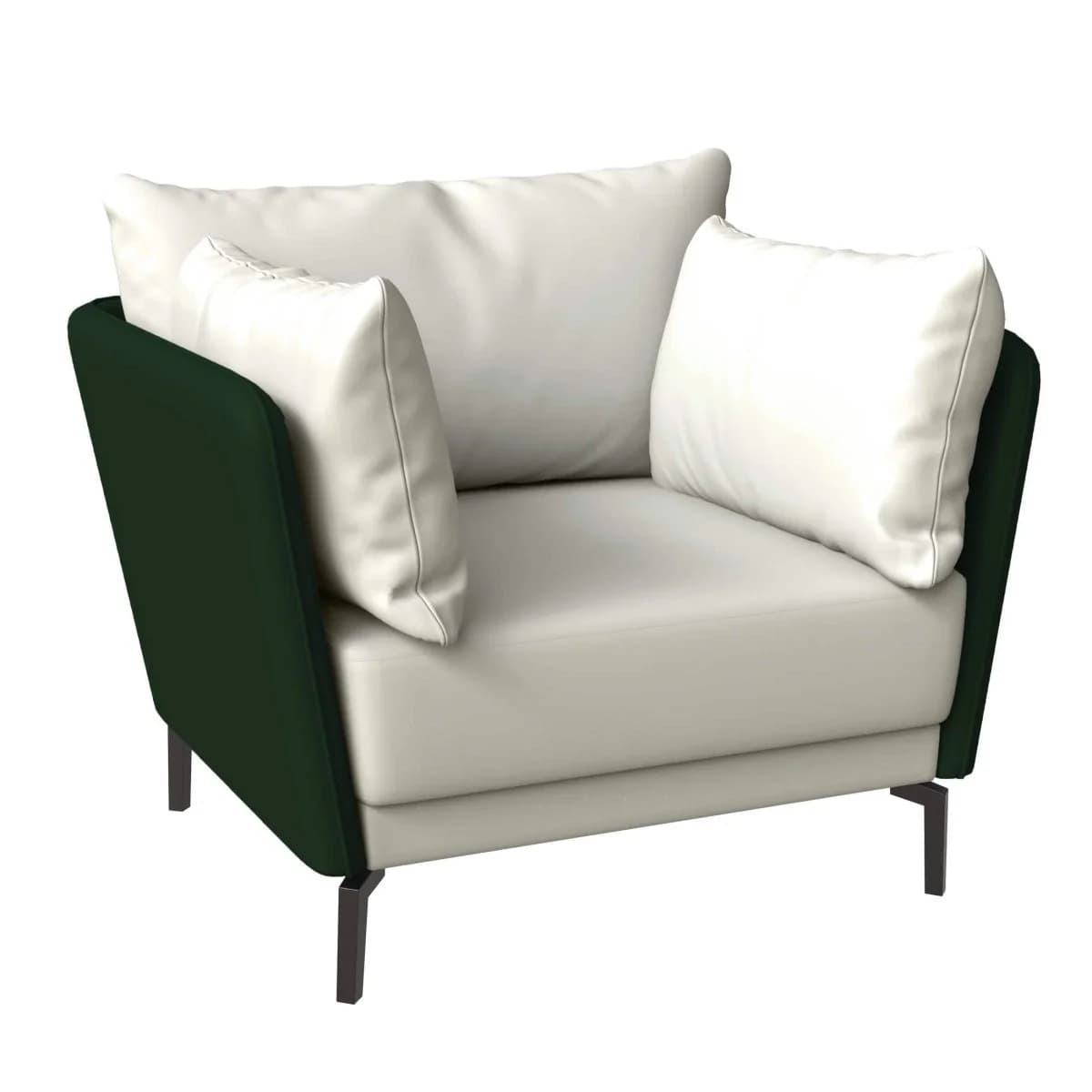 A contemporary upholstered armchair featuring a two-tone design with dark green outer arms and back, and a light cream main seating area. It includes a loose back cushion and two throw pillows, all supported by slender, dark metal legs. — 3D model