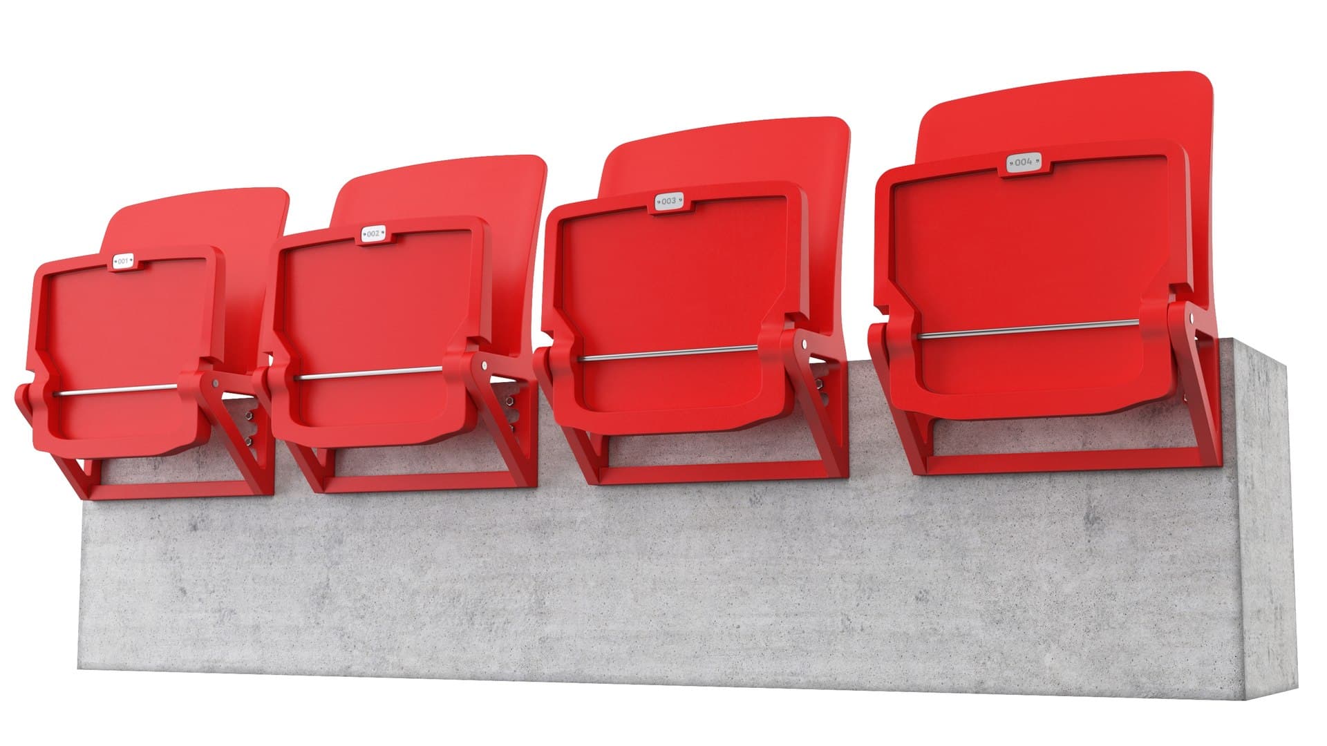 A rendering of a set of four modern, red, wall-mounted stadium chairs, each designed with a foldable seat mechanism. The chairs are individually numbered '001' through '004' on their upper backrests and are attached to a textured concrete wall or riser. Each chair features a bright red plastic backrest and a contoured, foldable plastic seat, supported by a robust metal frame, suggesting durability for public use. — 3D model