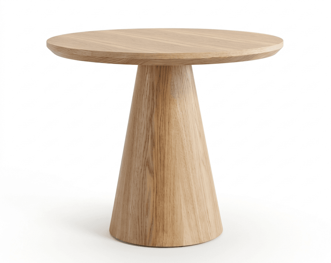 A round-topped side table with a single, conical pedestal base. The table has a natural wood finish, showcasing the grain of the material. The top is flat and circular with a slightly beveled edge. The base tapers downwards from the underside of the table to a wider, circular footprint. — 3D model